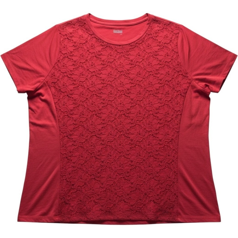 Basic Editions Shirt Womens Plus 2X Red Crew Neck Short Sleeve Lace Front Top